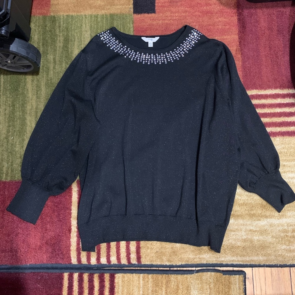 Terra & Sky Black Blouse with Crystal Neckline